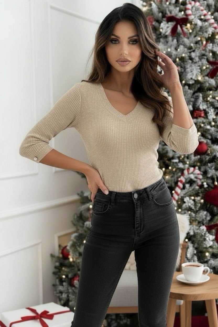 Top Pailleté Col V Manches Courtes Boutons Dores