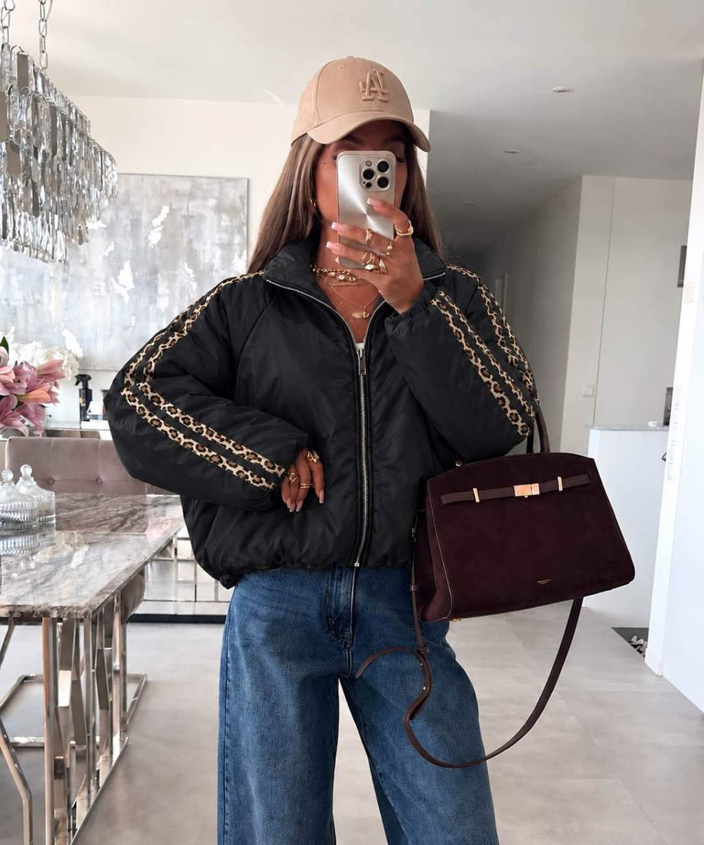 Veste bomber zippée à manches ballon et bandes léopard