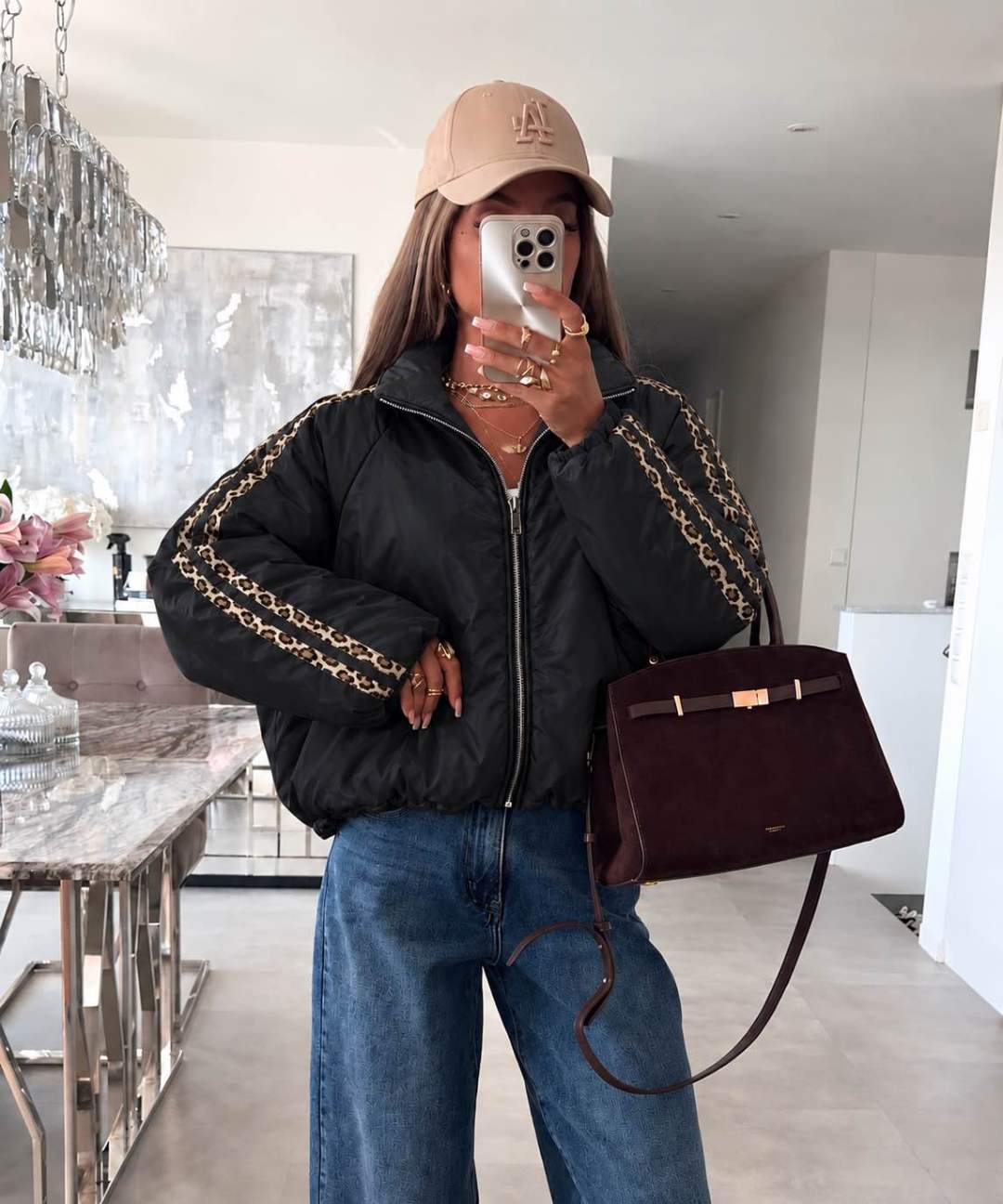 Veste bomber zippée à manches ballon et bandes léopard