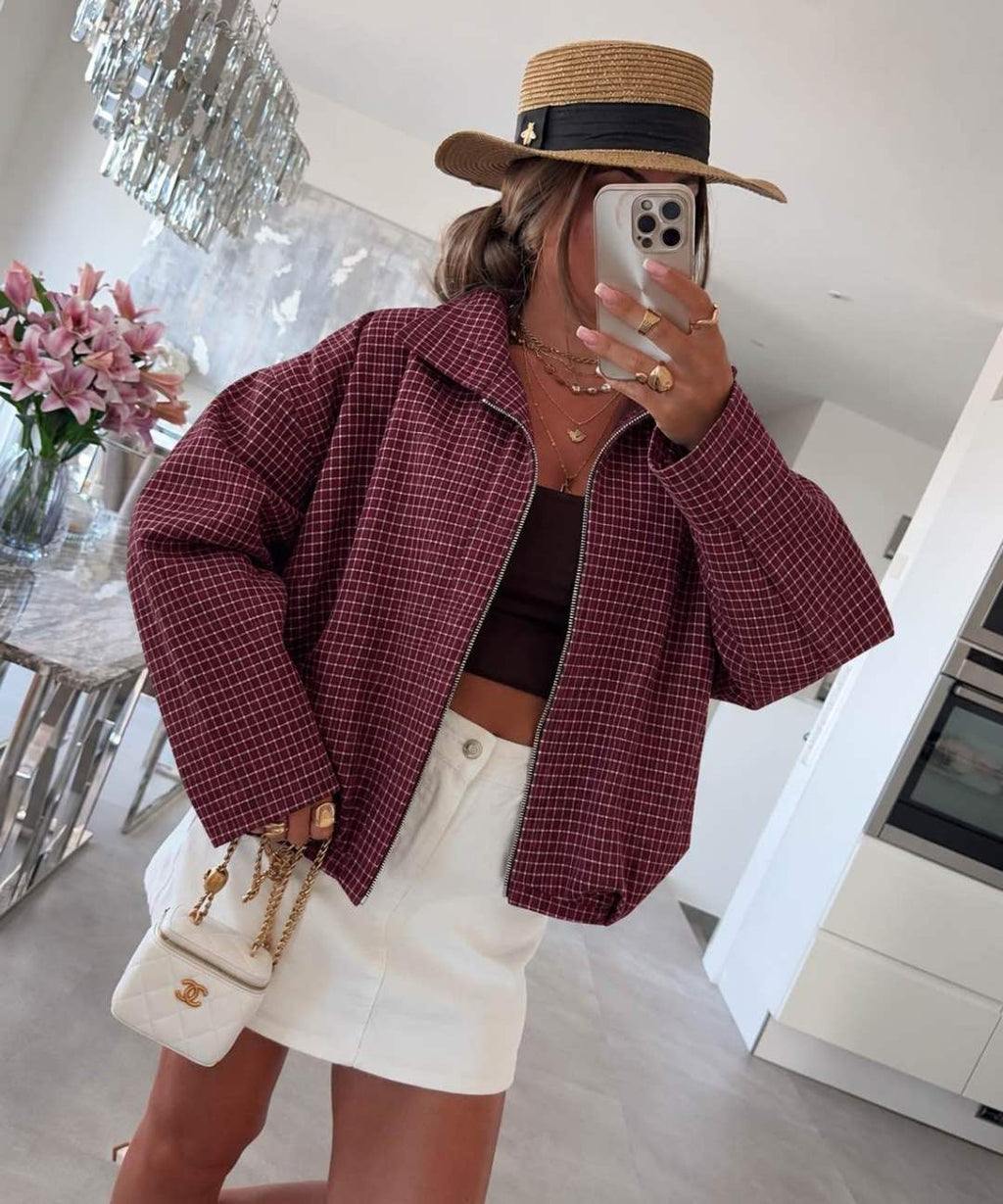Veste Carreaux  zippée  Col Montant – Manches larges Avec Poches